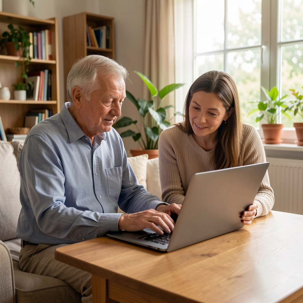 Старији човек учи да користи лаптоп уз стрпљиву помоћ члана породице у дневној соби